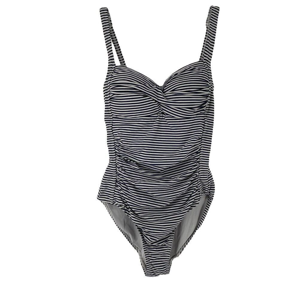 Nip Tuck Swimsuit Size 4 One Piece Slimming Navy Blue White Striped Ruched Sides
